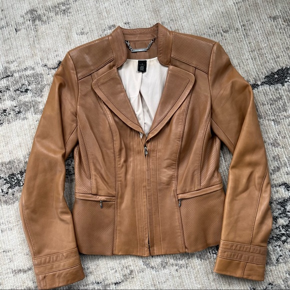 💔 SOLD 💔 White House Black Market Leather Peplum Jacket in Camel - Picture 1 of 16